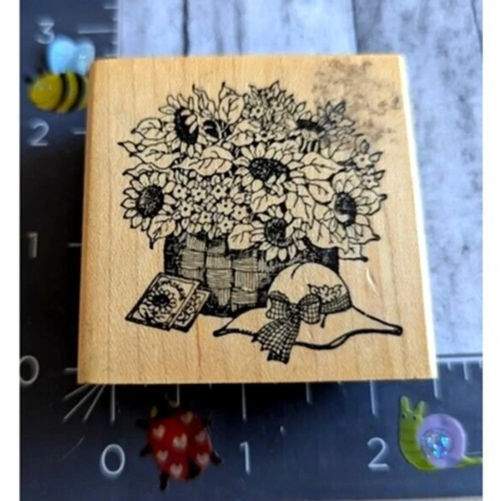 Delafield Sunflowers Bushel Hat Basket Rubber Stamp Wood #C30